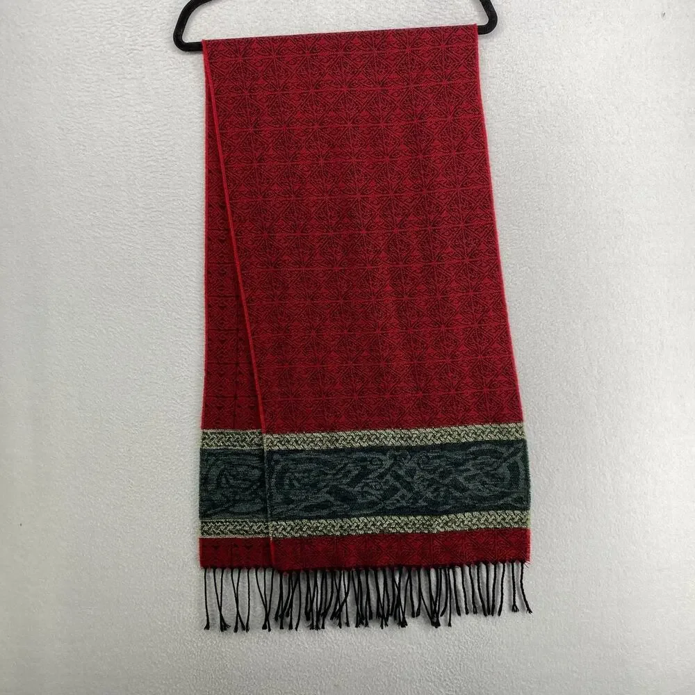 CALZEAT Scarf Wool Chenille Viking Helm Awe Celtic Fringe Trim Red Scotland
